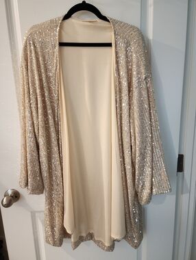 Sequin Open-Front Cardigan Jacket in Champagne Size 2x By Coco Kelly.
